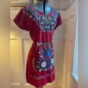 Embroidered Tie Back Red Dress